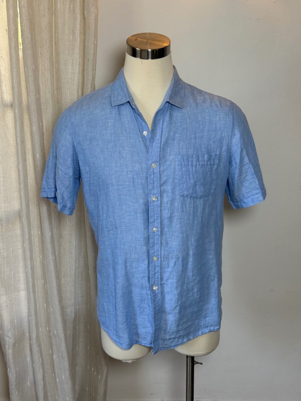 Claiborne Slim Fit 100% Linen Shirt L Blue Short Sleeve Summer Resort